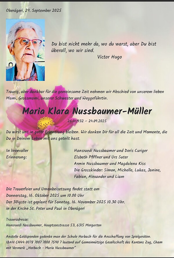 Todesanzeige von Maria Klara Nussbaumer-M&uuml;ller