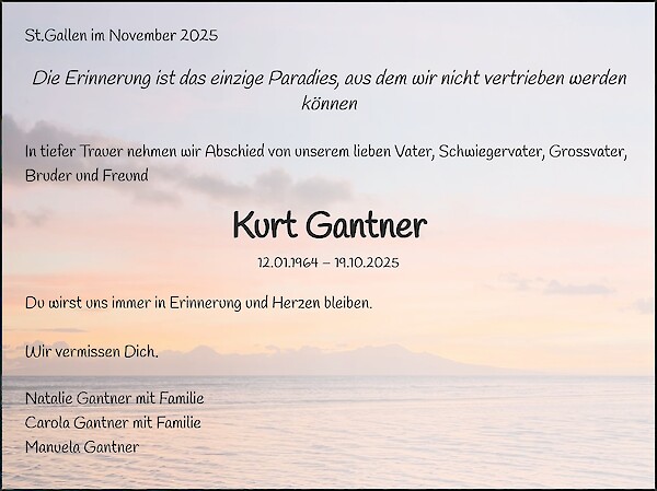 Todesanzeige von Kurt Gantner, Walenstadt