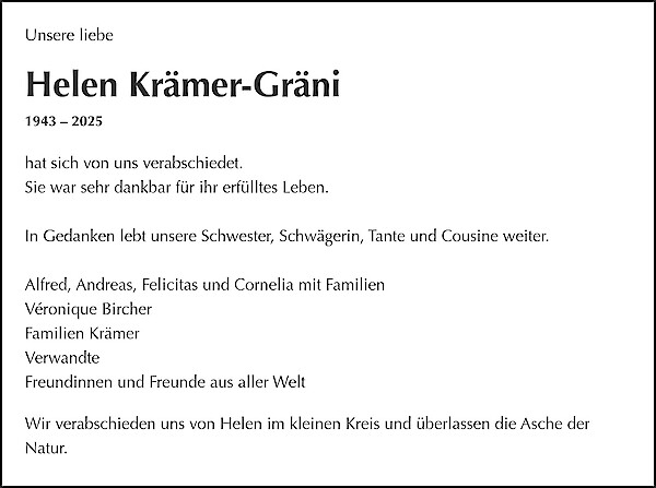 Todesanzeige von Helen Kr&auml;mer-Gr&auml;ni