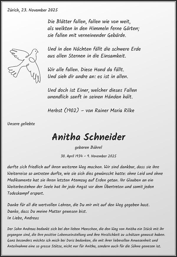 Danksagung von Anitha Schneider, Lugano