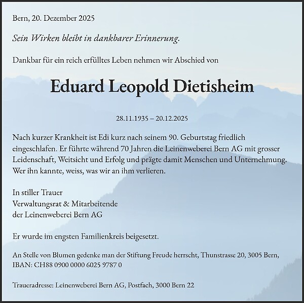 Todesanzeige von Eduard Leopold Dietisheim, Bern