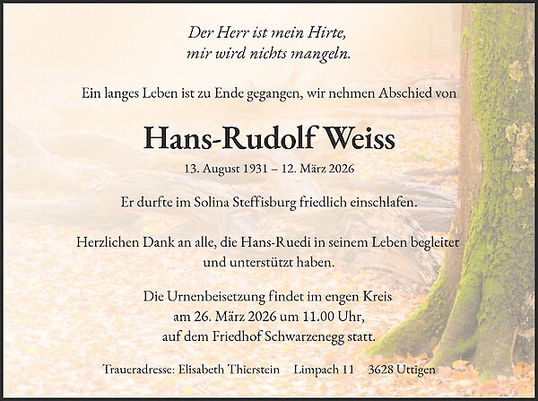 Todesanzeige von Hans-Rudolf Weiss