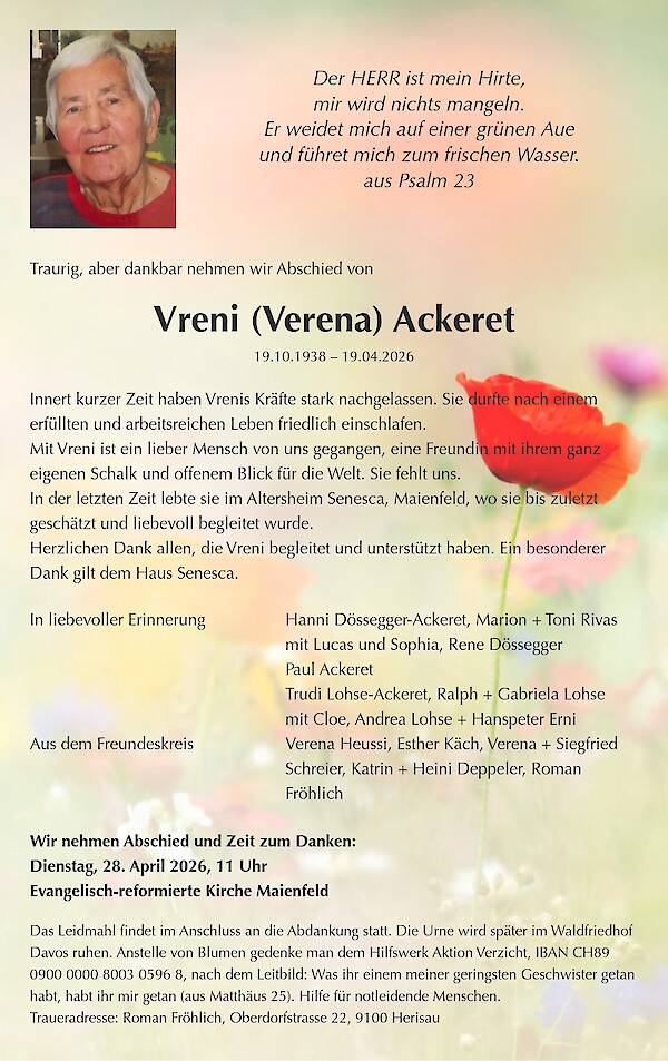 Todesanzeige von Vreni (Verena) Ackeret
