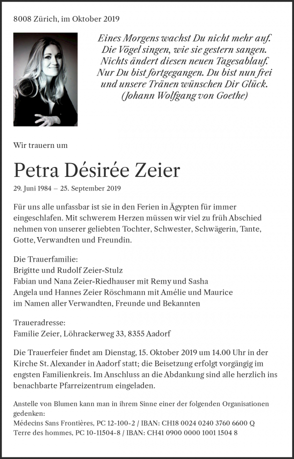 Todesanzeige von Petra D&eacute;sir&eacute;e Zeier, Z&uuml;rich