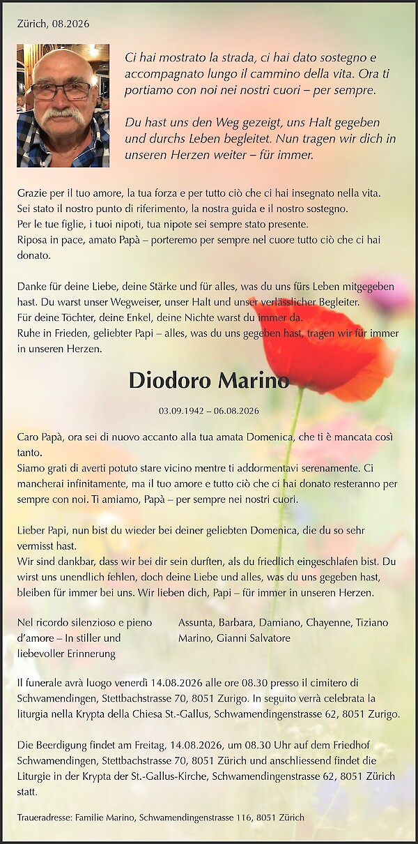 Todesanzeige von Diodoro Marino, Z&uuml;rich