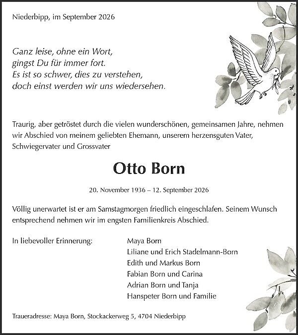 Todesanzeige von Otto Born, Niederbipp