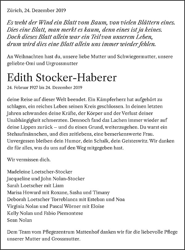 Todesanzeige von Edith Stocker-Haberer, Z&uuml;rich
