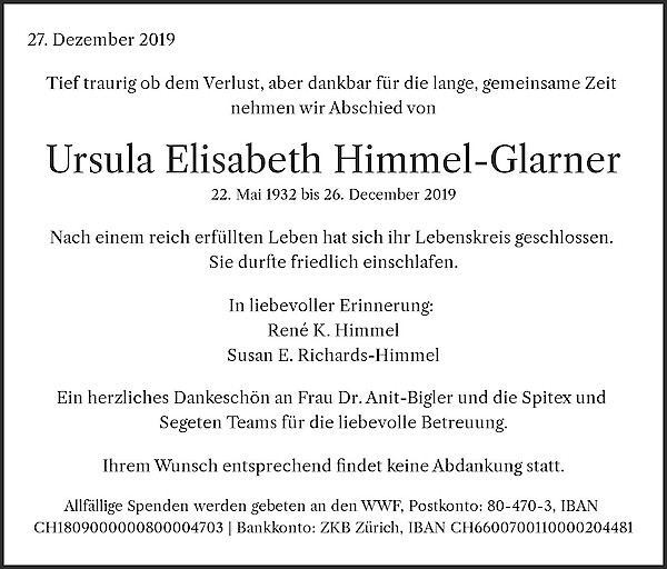 Todesanzeige von Ursula Elisabeth Himmel-Glarner, Z&uuml;rich