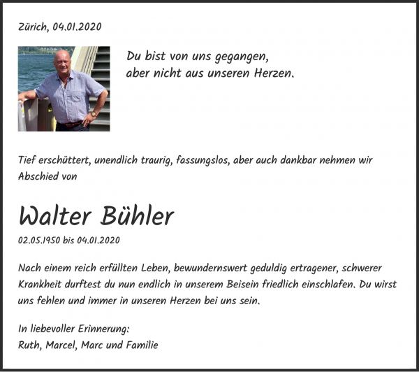 Todesanzeige von Walter B&uuml;hler, Z&uuml;rich