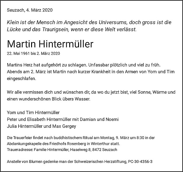 Todesanzeige von Martin Hinterm&uuml;ller, Seuzach
