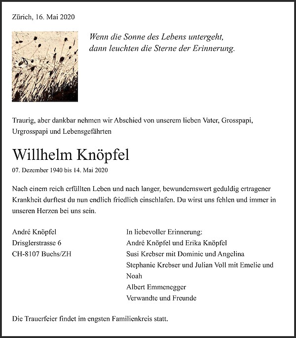 Todesanzeige von Willhelm Kn&ouml;pfel, Wald