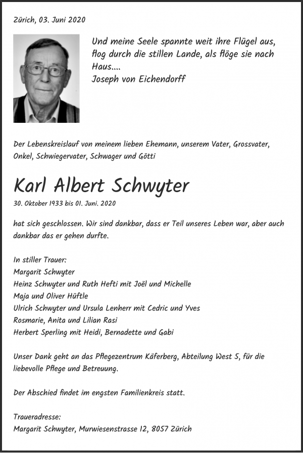 Todesanzeige von Karl Albert Schwyter, Z&uuml;rich