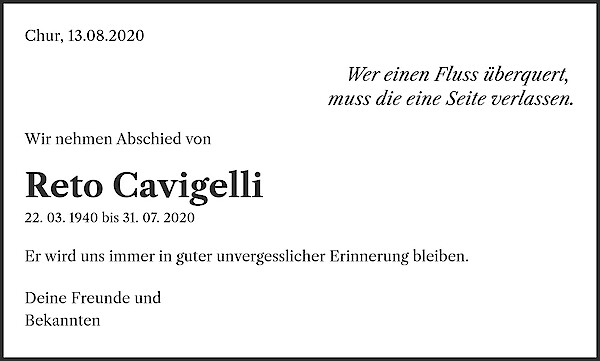 Todesanzeige von Reto Cavigelli, Chur