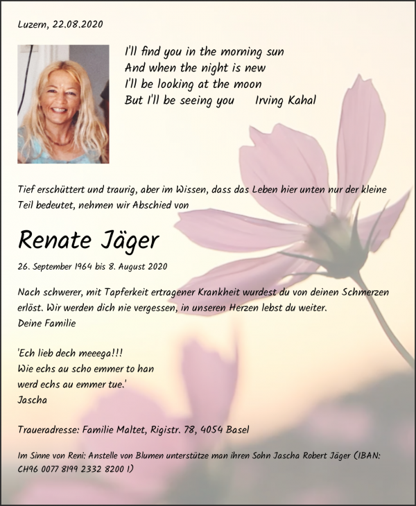 Todesanzeige von Renate J&auml;ger, Luzern