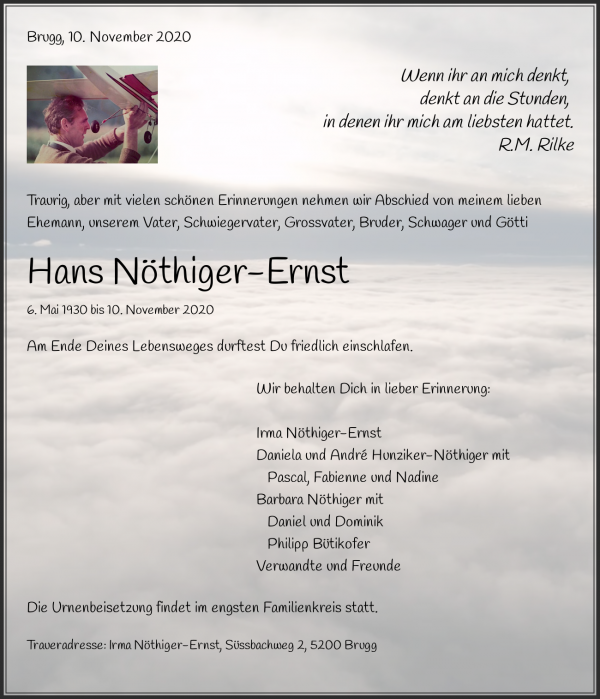 Todesanzeige von Hans N&ouml;thiger-Ernst, Brugg