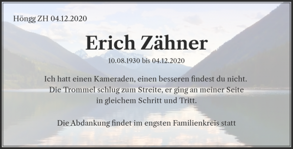 Todesanzeige von Erich Z&auml;hner, H&ouml;ngg