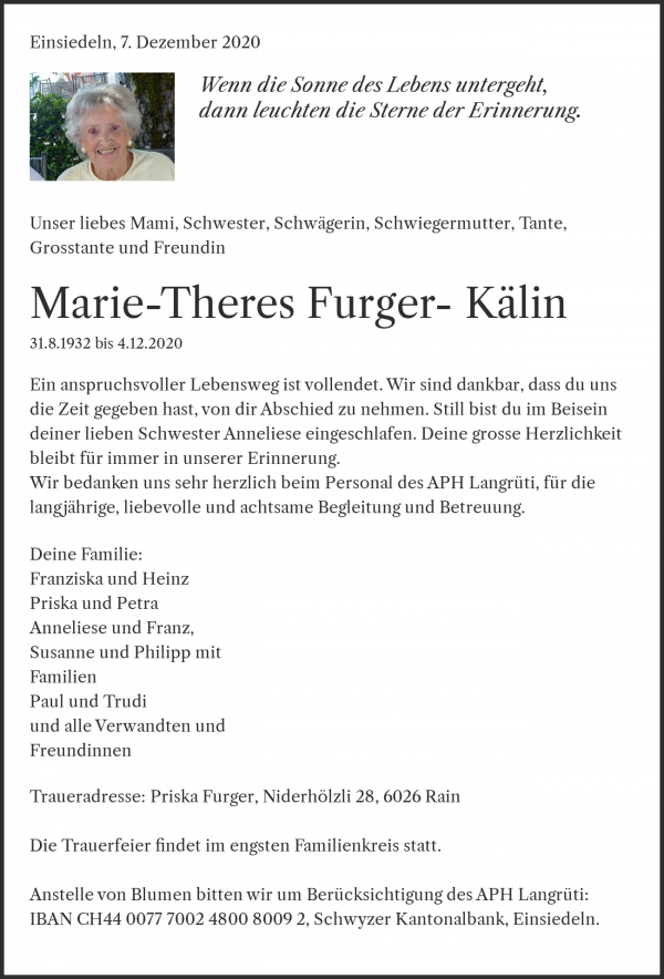 Todesanzeige von Marie-Theres Furger- K&auml;lin, Einsiedeln