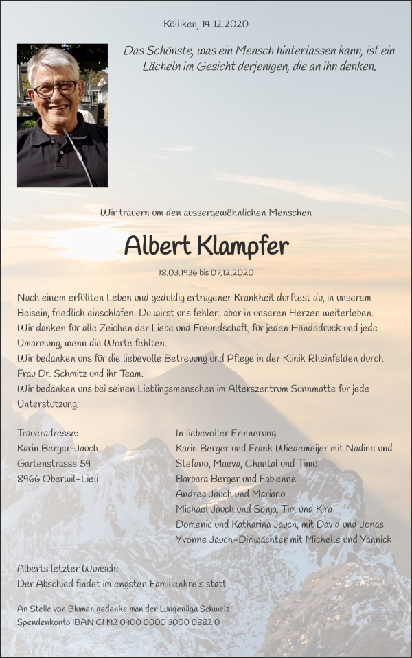 Todesanzeige von Albert Klampfer, K&ouml;lliken