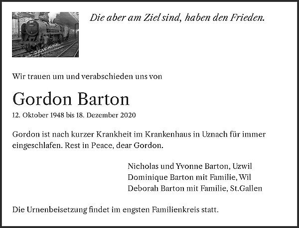 Todesanzeige von Gordon Barton, Sch&auml;nis