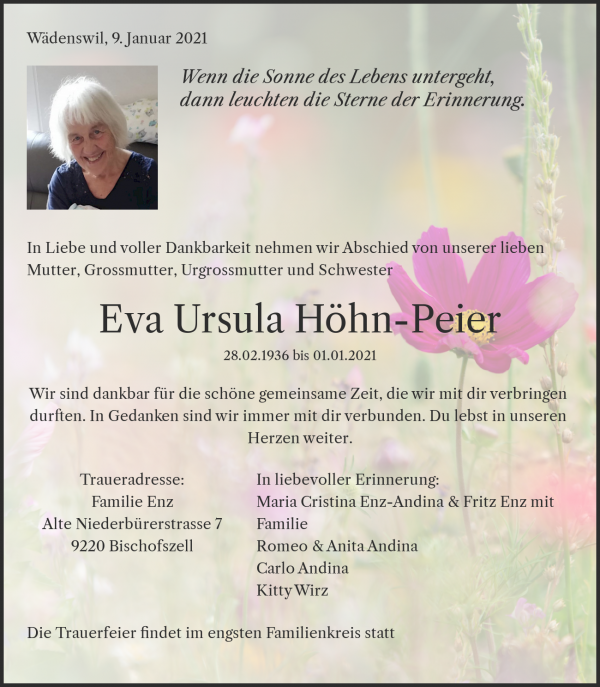 Todesanzeige von Eva Ursula H&ouml;hn-Peier, W&auml;denswil