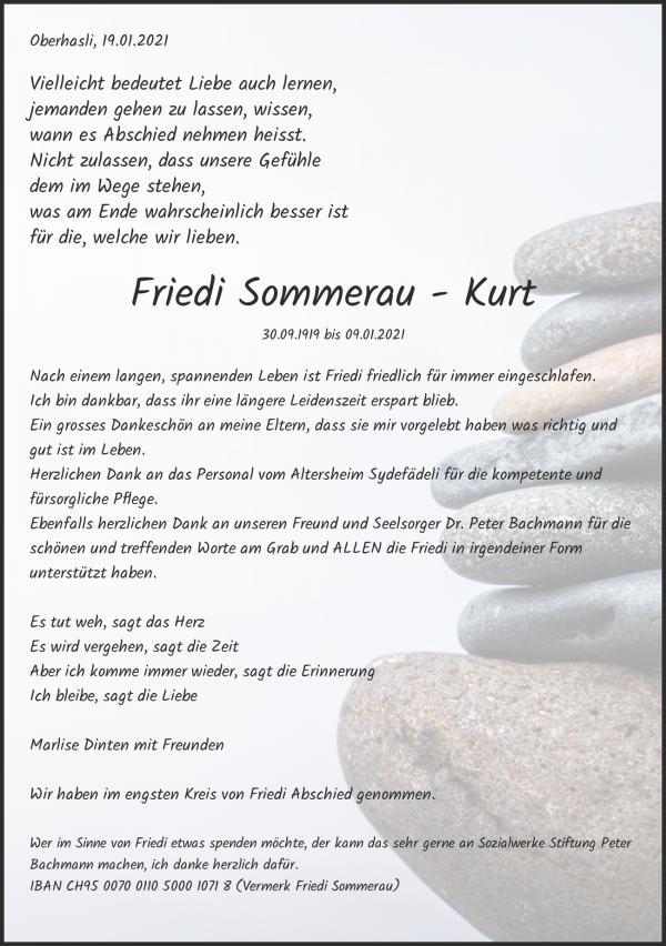 Todesanzeige von Friedi Sommerau - Kurt, Z&uuml;rich