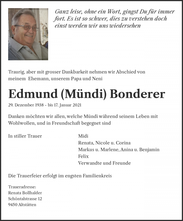 Todesanzeige von Edmund (M&uuml;ndi) Bonderer, Landquart