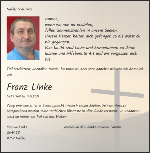 Todesanzeige von Franz Linke, N&auml;fels