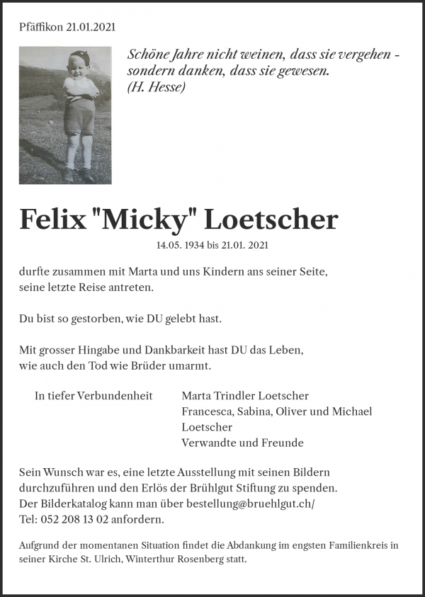 Todesanzeige von Felix "Micky" Loetscher, Pf&auml;ffikon