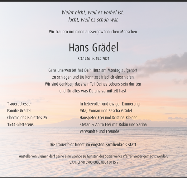 Todesanzeige von Hans Gr&auml;del, Gletterens