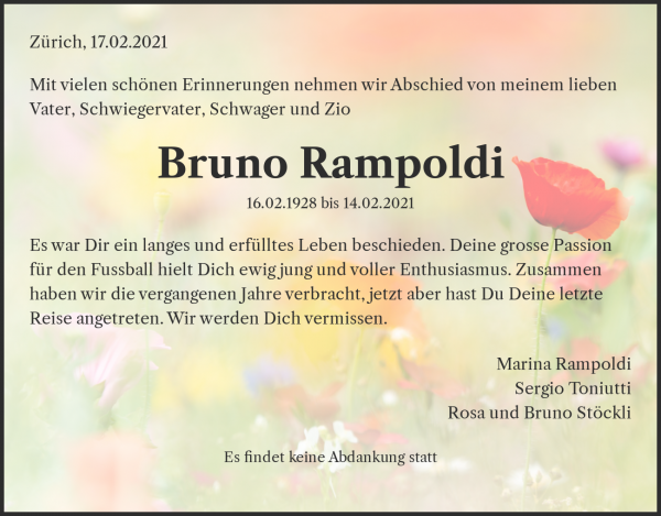 Todesanzeige von Bruno Rampoldi, Z&uuml;rich