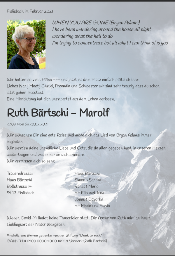 Todesanzeige von Ruth B&auml;rtschi - Marolf, Fislisbach