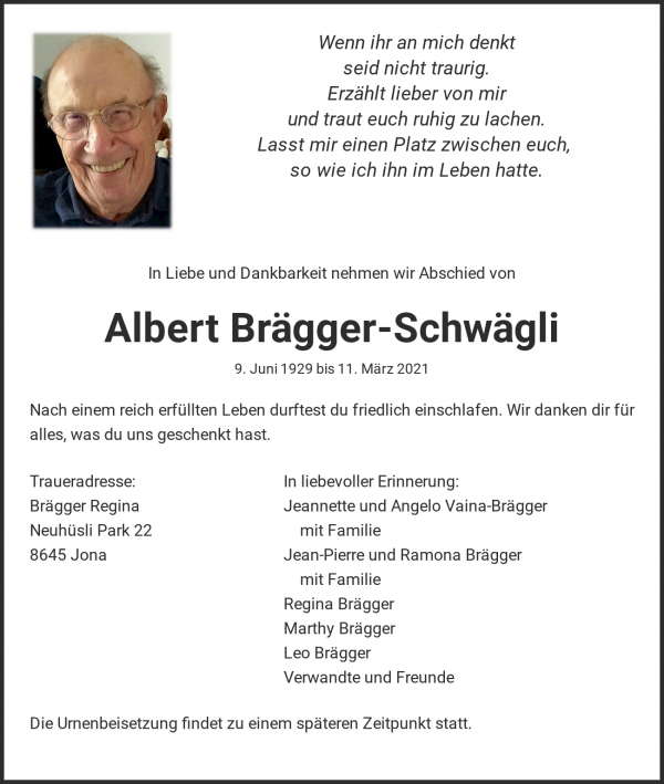 Todesanzeige von Albert Br&auml;gger-Schw&auml;gli, Jona