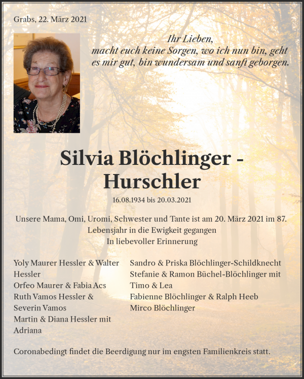 Todesanzeige von Silvia Bl&ouml;chlinger - Hurschler, Grabs