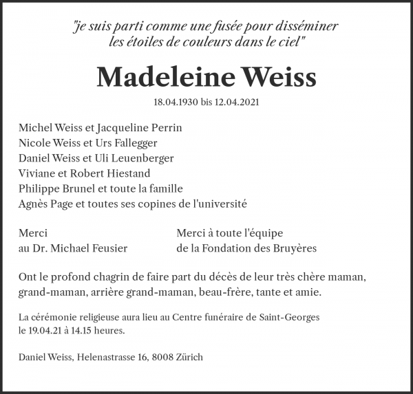 Todesanzeige von Madeleine Weiss, Gen&egrave;ve