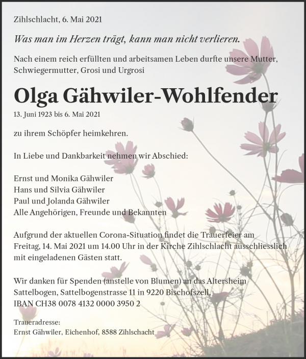 Todesanzeige von Olga G&auml;hwiler-Wohlfender, Zihlschlacht