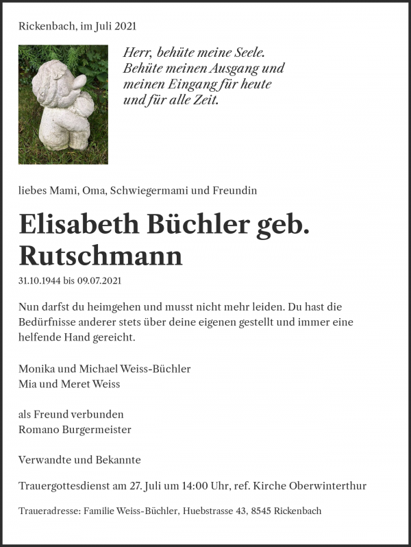 Todesanzeige von Elisabeth B&uuml;chler geb. Rutschmann, Rickenbach