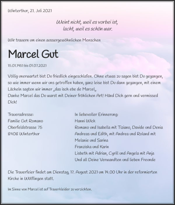 Todesanzeige von Marcel Gut, Z&uuml;rich