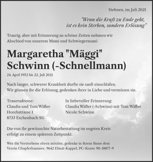 Todesanzeige von Margaretha "M&auml;ggi" Schwinn (-Schnellmann), Siebnen