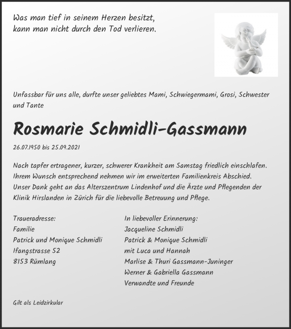 Todesanzeige von Rosmarie Schmidli-Gassmann, R&uuml;mlang