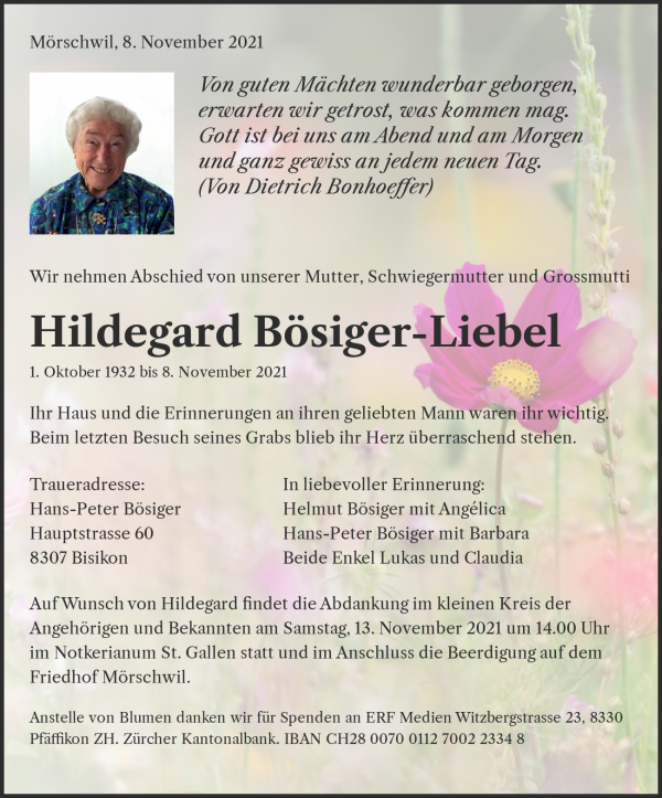 Todesanzeige von Hildegard B&ouml;siger-Liebel, M&ouml;rschwil