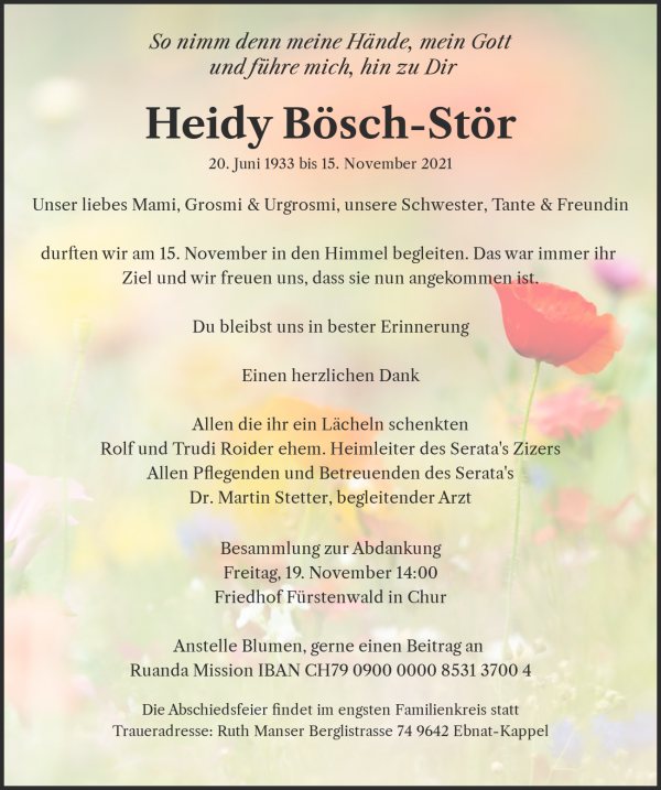 Todesanzeige von Heidy B&ouml;sch-St&ouml;r, Zizers