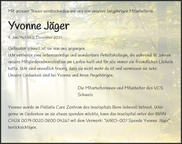 Todesanzeige von Yvonne J&auml;ger, Herzogenbuchsee