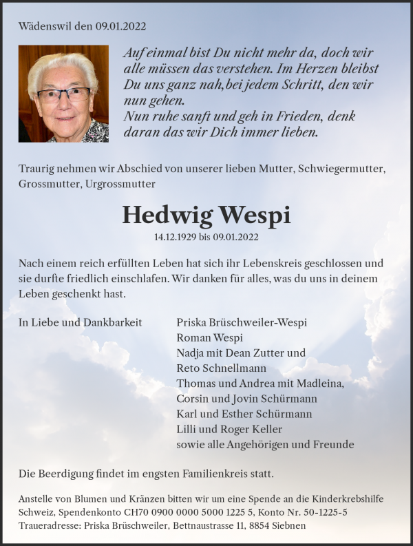Todesanzeige von Hedwig Wespi, W&auml;denswil