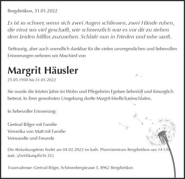 Todesanzeige von Margrit H&auml;usler, Bergdietikon