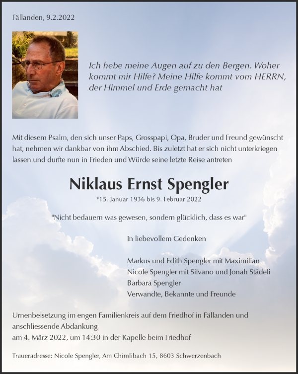 Todesanzeige von Niklaus Ernst Spengler, F&auml;llanden