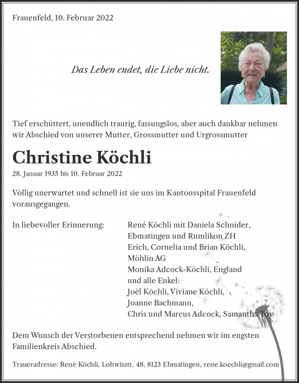 Todesanzeige von Christine K&ouml;chli, Frauenfeld