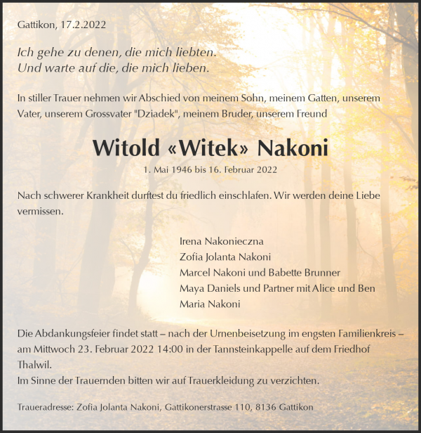 Todesanzeige von Witold &laquo;Witek&raquo; Nakoni, Gattikon