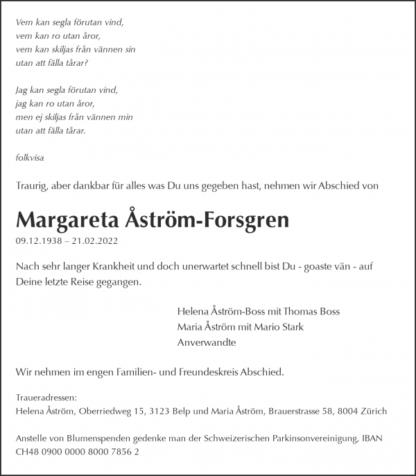 Todesanzeige von Margareta &Aring;str&ouml;m-Forsgren, Z&uuml;rich