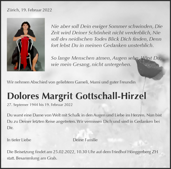 Todesanzeige von Dolores Margrit Gottschall-Hirzel, Z&uuml;rich