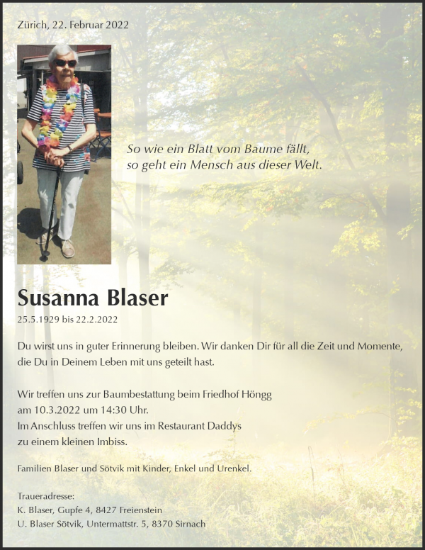 Todesanzeige von Susanna Blaser, Z&uuml;rich